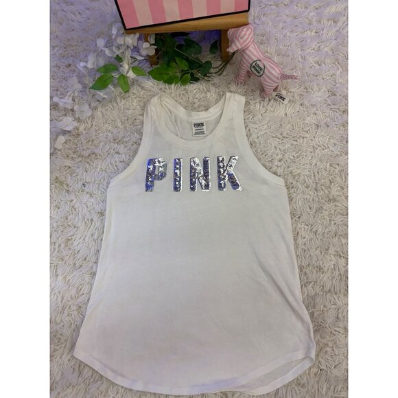 Victorias Secret Pink Silver Sequin Logo White Tank Top XS Glitter Sparkle - Picture 1 of 12
